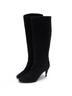 Chanel Long Boots Shoes Women Suede Leather Black High Heel Sole